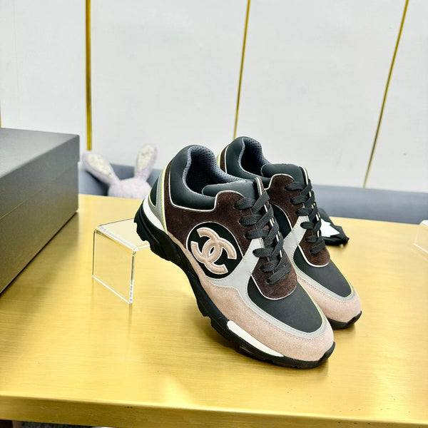 cc womens sneaker in black white calfskin and beige brown suede 137614