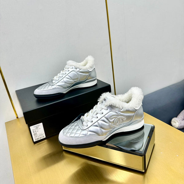 CC Low Sneaker Argento Lana Pelle di Vacchetta 413857