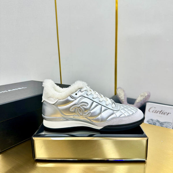 CC Low Sneaker Argento Lana Pelle di Vacchetta 413857