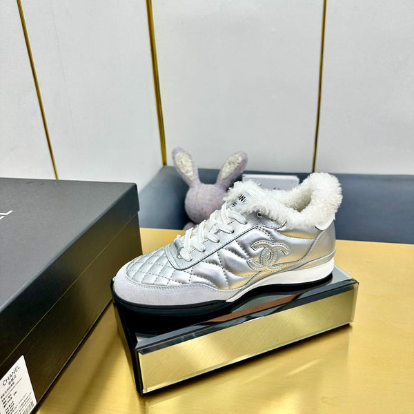 CC Low Sneaker Argento Lana Pelle di Vacchetta 413857