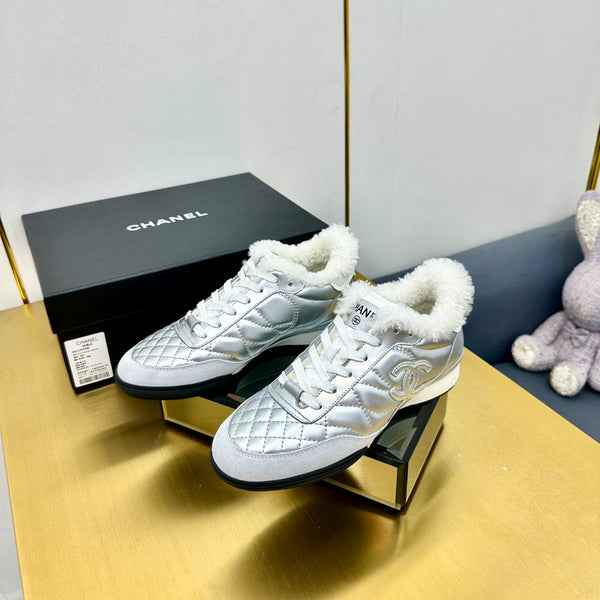 CC Low Sneaker Argento Lana Pelle di Vacchetta 413857