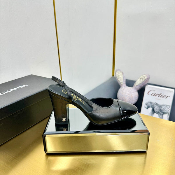 cc slingback pumps 90 in black lambskin and black patent calfskin 137448