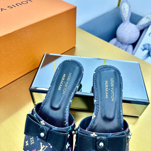 LV 25C LV x TM 6AM Flat Mule Black Bow Mocha Brown con Monogram Multicolore Leather 219951