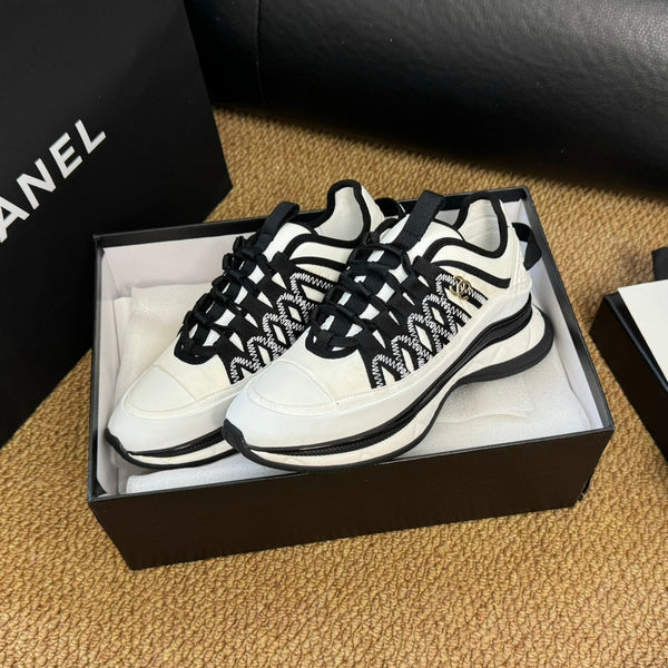 CC Sneaker White Mix Black Calfskin And Silk Parachute Fabric 947510