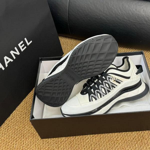 CC Sneaker White Mix Black Calfskin And Silk Parachute Fabric 947510