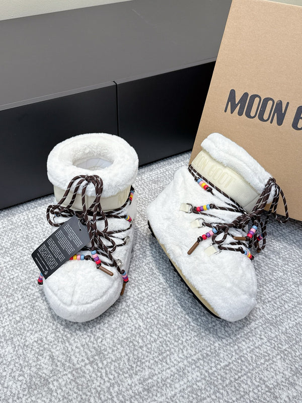 Moon Boot Icon Low Faux Fur White with Beaded Brown Laces 515590
