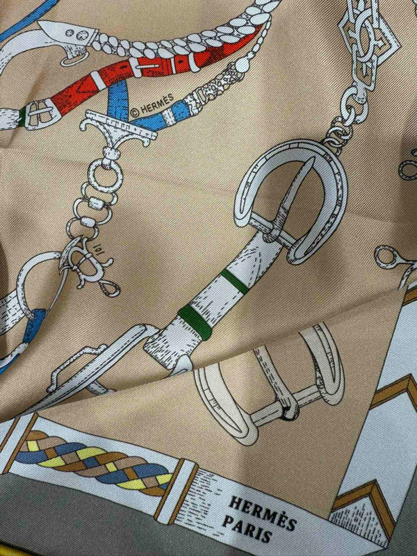 HM Les Chevaux Scarf 90x90 Beige Colorful Twill Silk 209499
