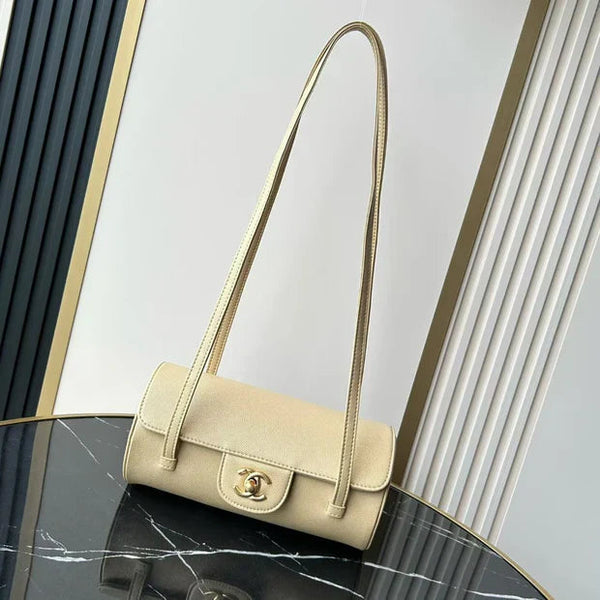 Chanel 2026 Bowling Ball Cylinder Bag 20.5cm Beige Caviar Leather 345493
