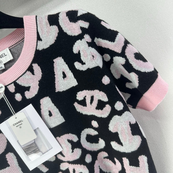 Haut en maille manches courtes CC noir rose laine nylon 345986