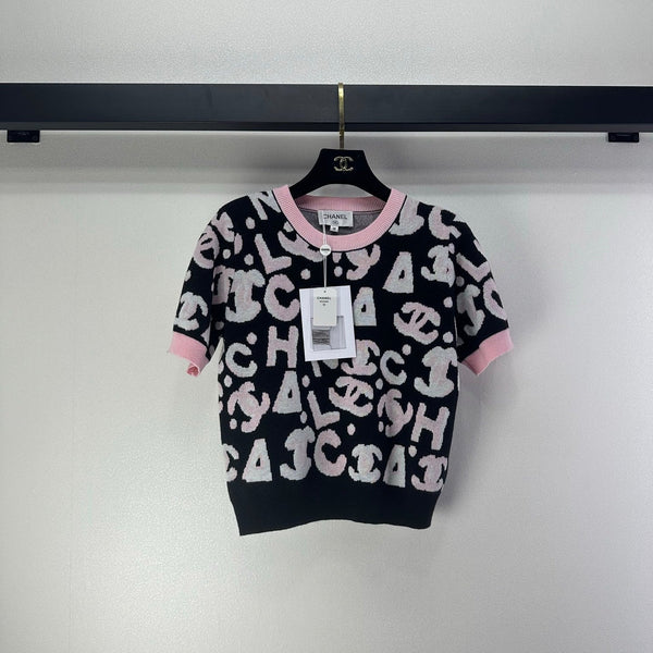 Haut en maille manches courtes CC noir rose laine nylon 345986