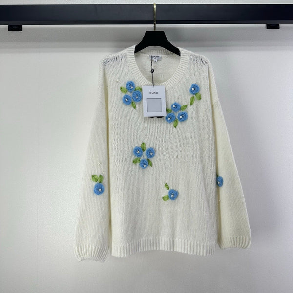Pull à manches longues en laine et nylon blanc CC Floral 345973