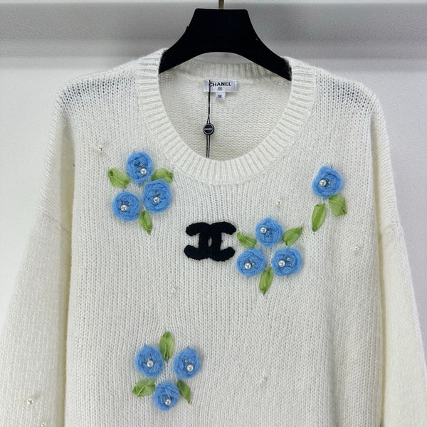 Pull à manches longues en laine et nylon blanc CC Floral 345973