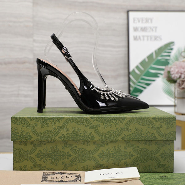 GG CRYSTAL HIGH HEEL SANDAL BLACK LAMBSKIN