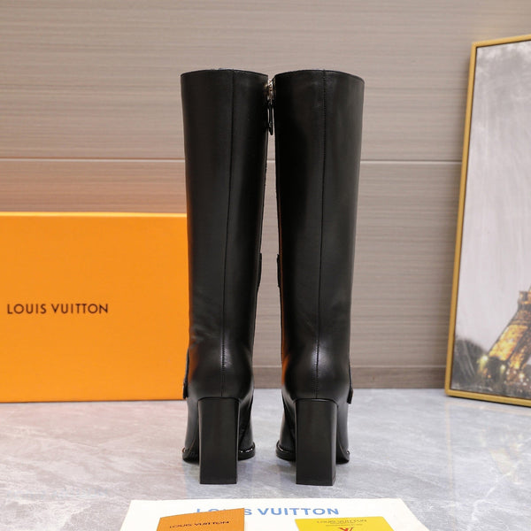 LV x Silhouette V-heel Pointed Toe Knight Long Boots 95mm Black Sheepskin 425685