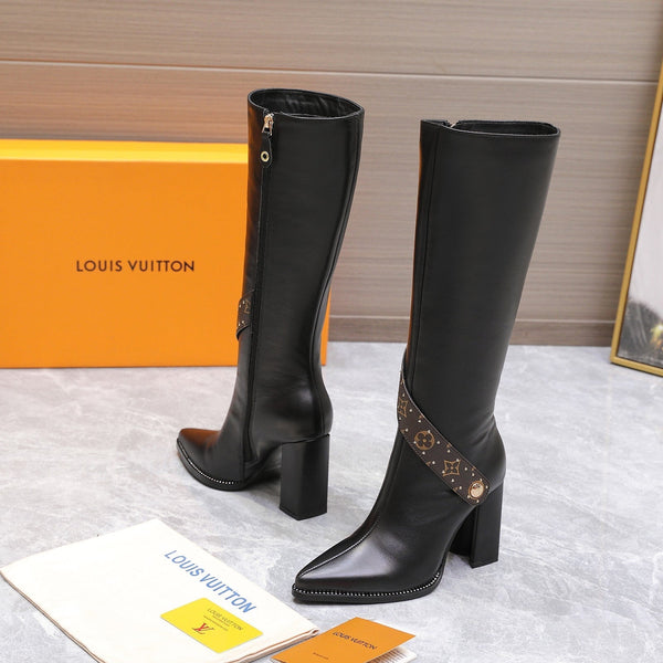 LV x Silhouette V-heel Pointed Toe Knight Long Boots 95mm Black Sheepskin 425685