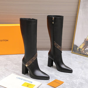 LV x Silhouette V-heel Pointed Toe Knight Long Boots 95mm Black Sheepskin 425685