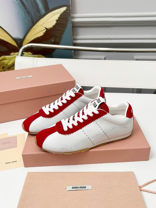 Miu Plume Sneakers Red White Cowhide Suede 456352