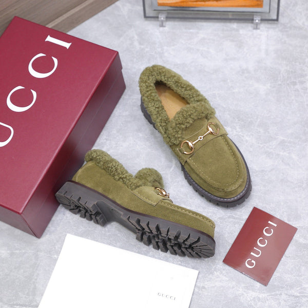 GG Women's Loafer Horsebit Olive Green Suede Shearing 547323