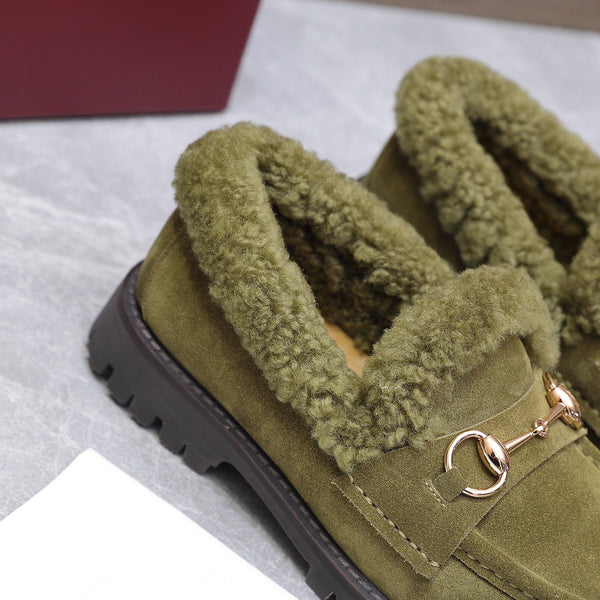 GG Women's Loafer Horsebit Olive Green Suede Shearing 547323