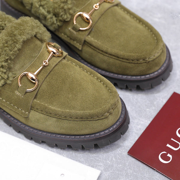 GG Women's Loafer Horsebit Olive Green Suede Shearing 547323