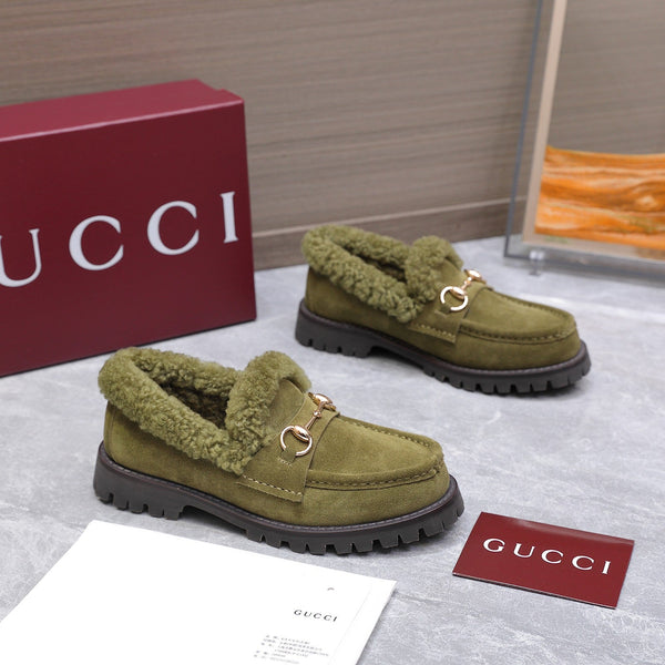 GG Women's Loafer Horsebit Olive Green Suede Shearing 547323