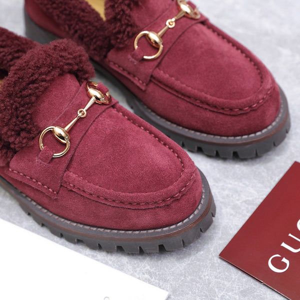 GG Women's Loafer Horsebit Red Suede Shearing 547324