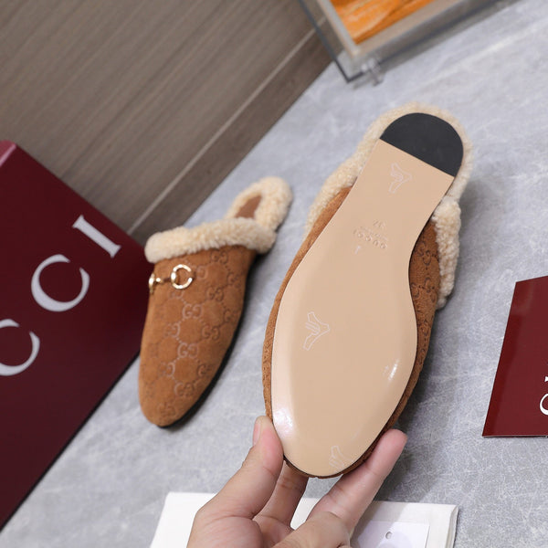 GG Horsebit Mules with Brown Insole Suede Shearing 547328