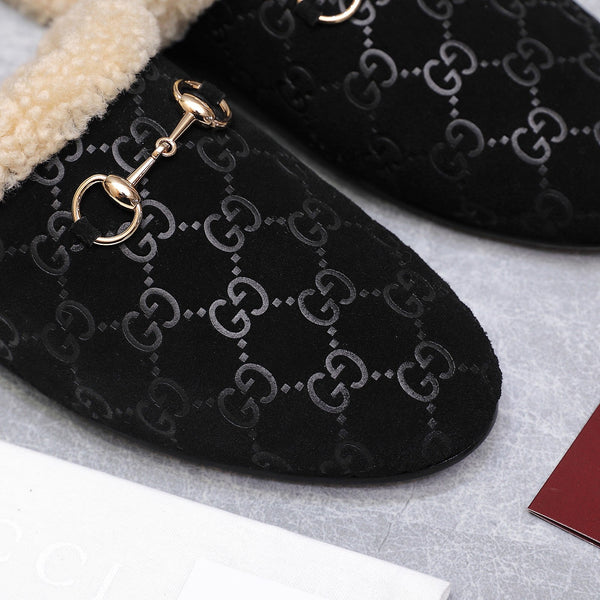 GG Horsebit Mules with Black Insole Suede Shearing 547331