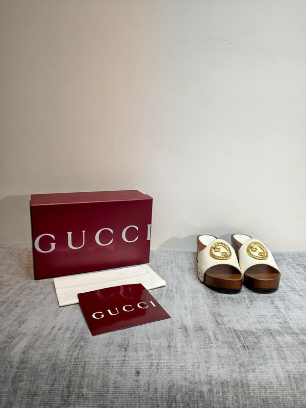 GG Wooden Clog Sandals White Patent Leather 864264