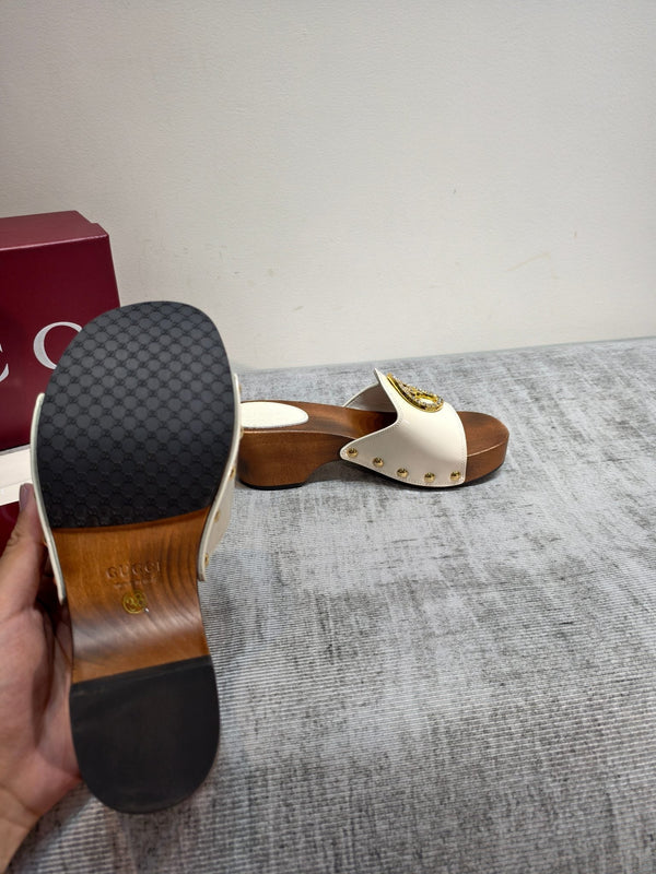 GG Wooden Clog Sandals White Patent Leather 864264