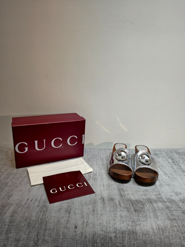 GG Wooden Clog Sandals Sliver Patent Leather 864265