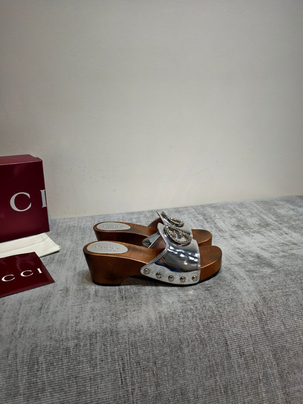GG Wooden Clog Sandals Sliver Patent Leather 864265