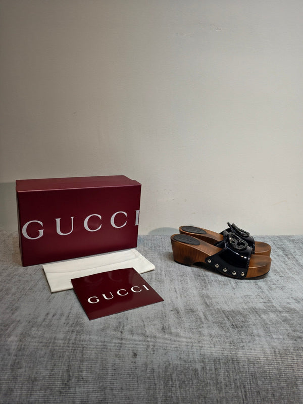 GG Wooden Clog Sandals Black Patent Leather 864267