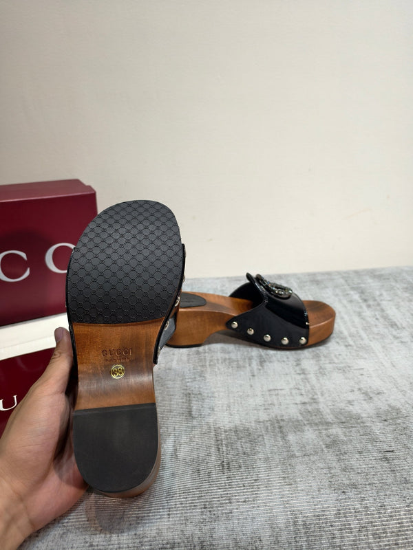 GG Wooden Clog Sandals Black Patent Leather 864267