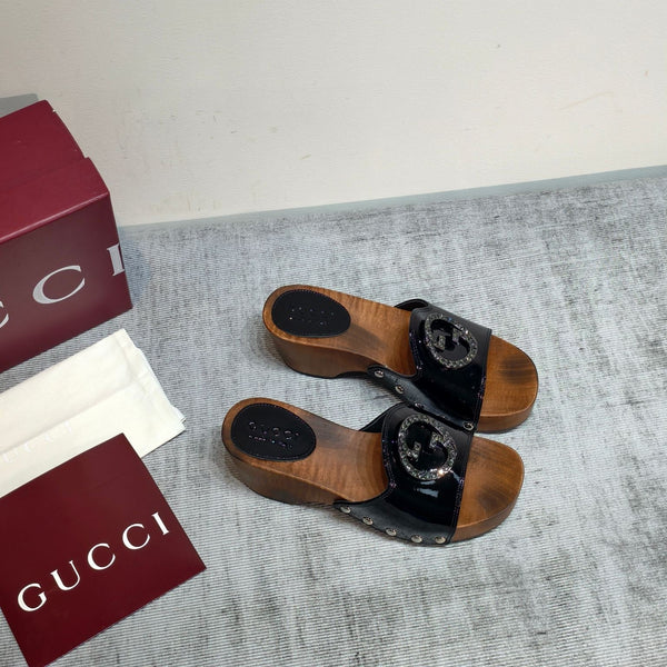 GG Wooden Clog Sandals Black Patent Leather 864267