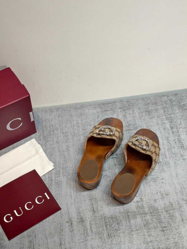 GG Wooden Clog Sandals Beige Canvas 864269