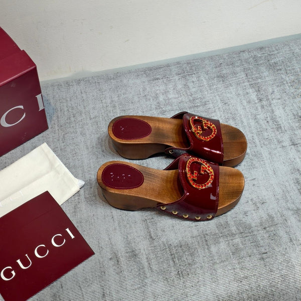GG Wooden Clog Sandals Red Patent Leather 864270