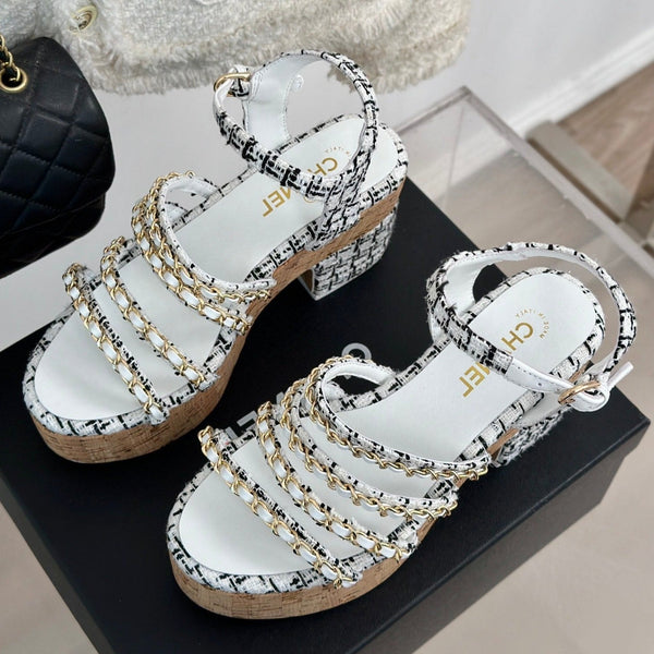 cc leather chain slingback sandal white black calfskin