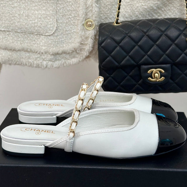 cc mule leather chain white calfskin black patent calfskin