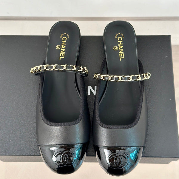 cc mule leather chain black calfskin black patent calfskin