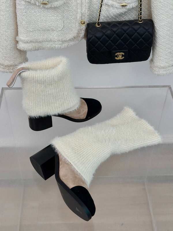CC Short Boots 60mm Beige White Suede And Wool Yarn
