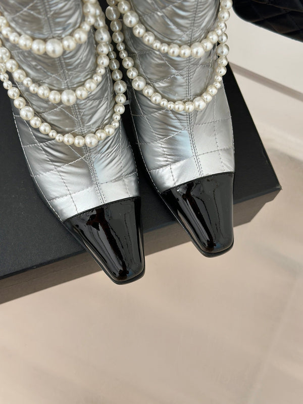 CC Short Boots 80mm Silver Wrinkled Quilted Calfskin