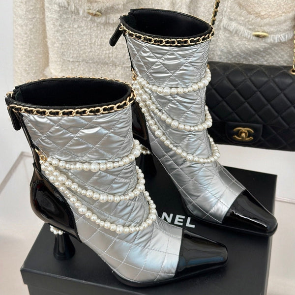 CC Short Boots 80mm Silver Wrinkled Quilted Calfskin
