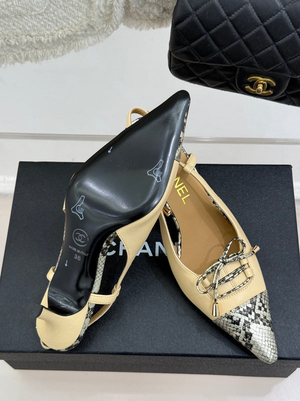 CC 25C Bowknot Slingback Sandal 60mm Beige Sheepskin Mix Python Pattern 265653