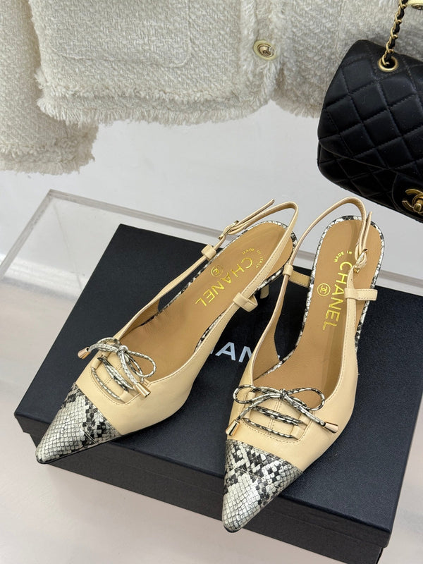 CC 25C Bowknot Slingback Sandal 60mm Beige Sheepskin Mix Python Pattern 265653
