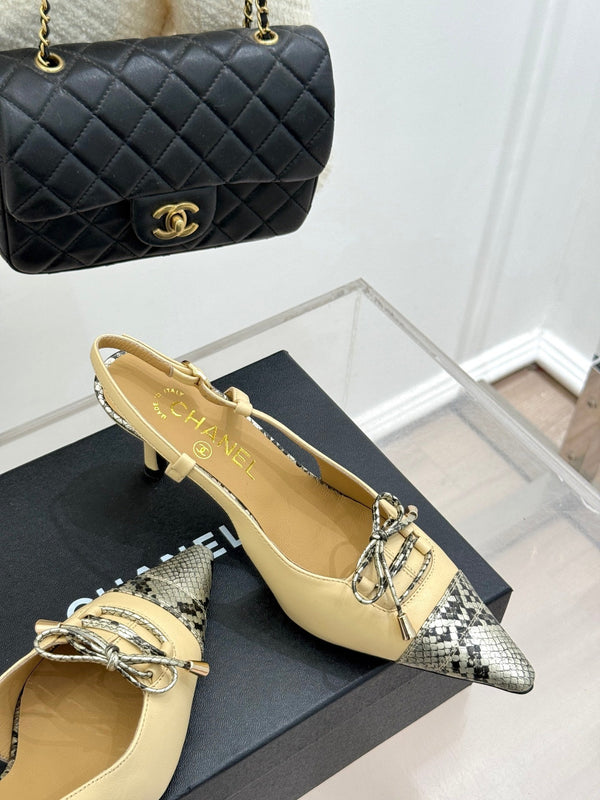 CC 25C Bowknot Slingback Sandal 60mm Beige Sheepskin Mix Python Pattern 265653