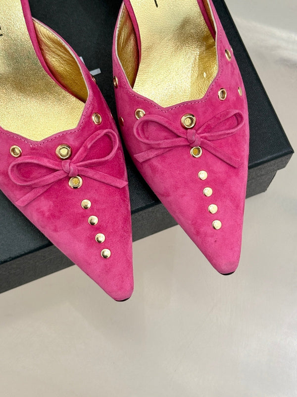 CC 25C Bowknot Pointed High Heel Half Slippers 60mm Pink Suede 265656
