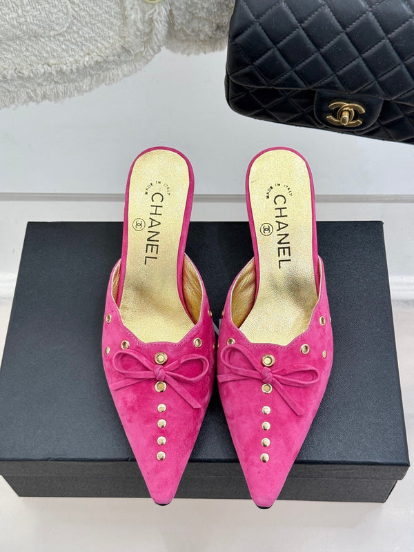 CC 25C Bowknot Pointed High Heel Half Slippers 60mm Pink Suede 265656