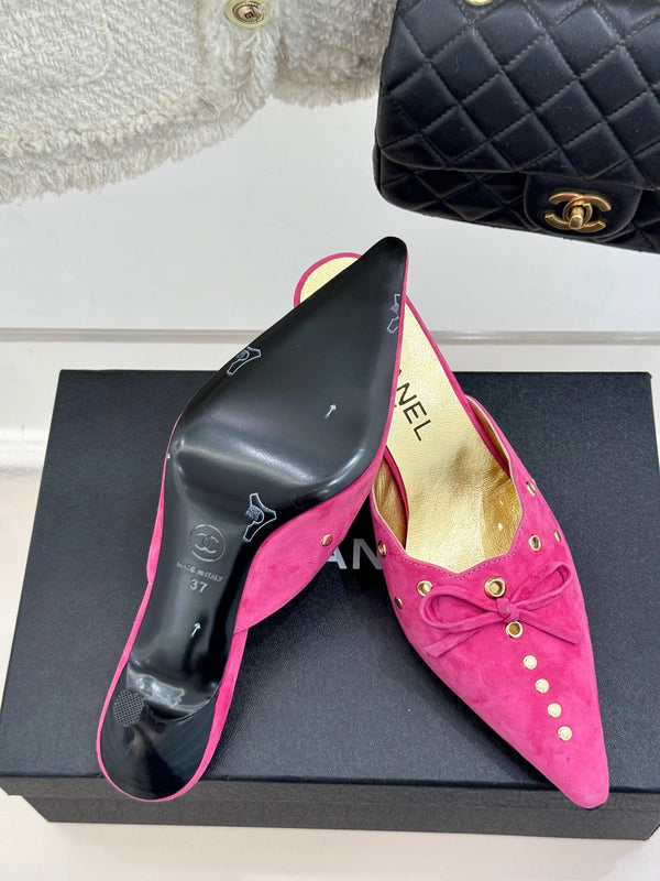CC 25C Bowknot Pointed High Heel Half Slippers 60mm Pink Suede 265656