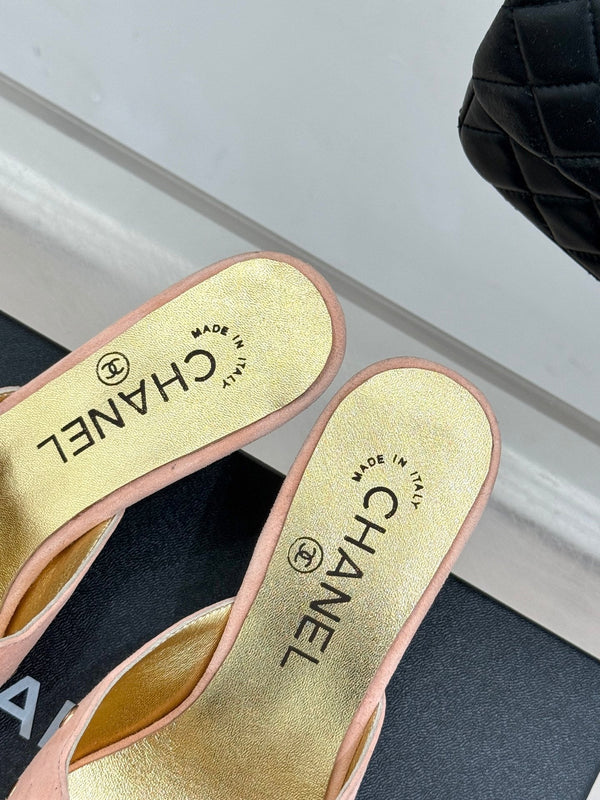 CC 25C Bowknot Pointed High Heel Half Slippers 60mm Peach Suede 265659